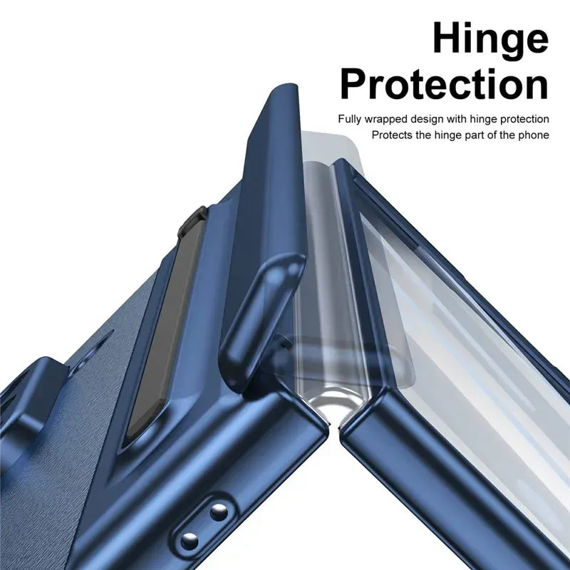Samsung Z Fold8 Ultra Leather Case, Electroplating S Pen Case with Hinge Protection - Blue