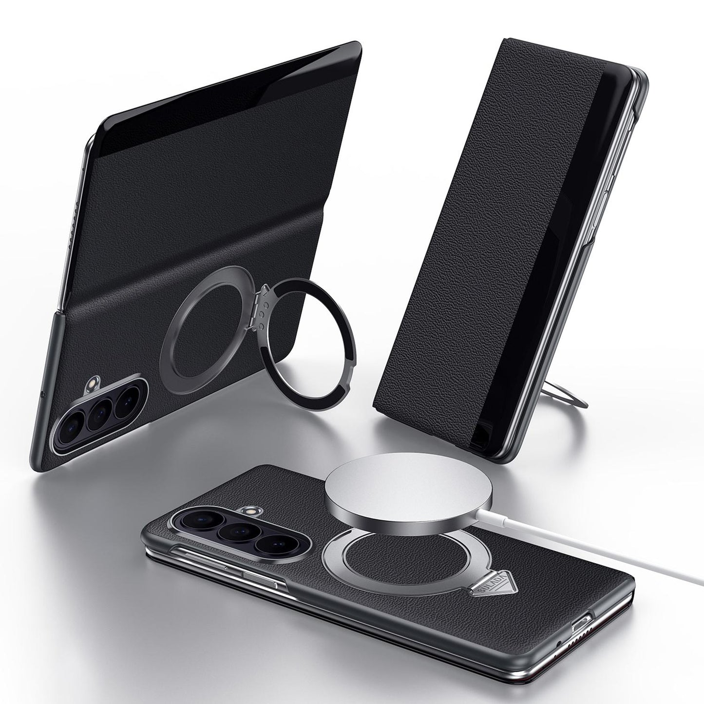 Samsung Z Fold8 Ultra SULADA Leather Case, S-View Window Magnetic Ring Holder Kickstand Cover with Magsafe - Black