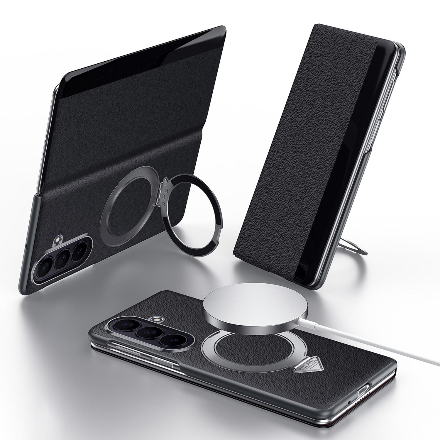 Samsung Z Fold8 Ultra SULADA Leather Case, S-View Window Magnetic Ring Holder Kickstand Cover with Magsafe - Black