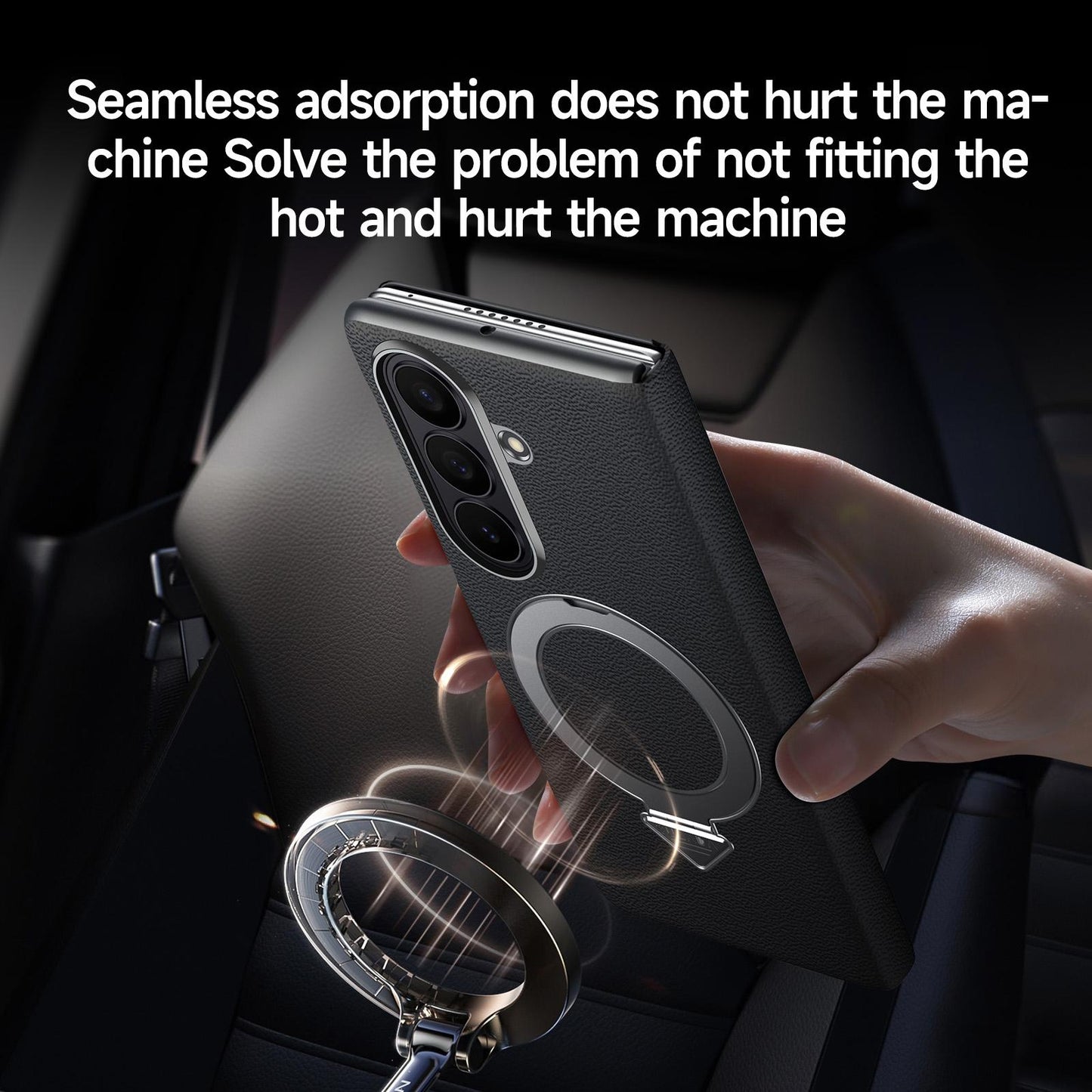 Samsung Z Fold8 Ultra SULADA Leather Case, S-View Window Magnetic Ring Holder Kickstand Cover with Magsafe - Black