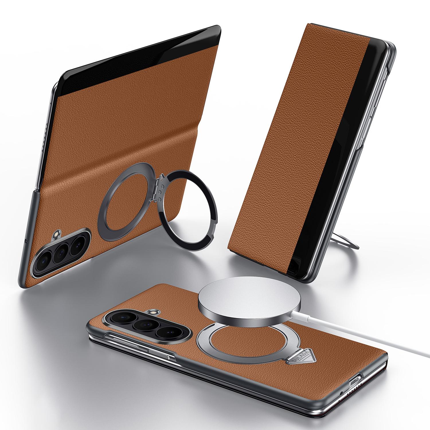 Samsung Z Fold8 Ultra SULADA Leather Case, S-View Window Magnetic Ring Holder Kickstand Cover with Magsafe - Brown