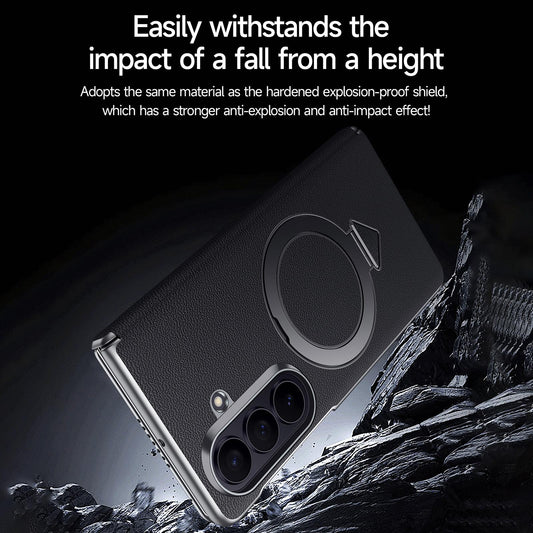 Samsung Fold8 SULADA Top Grain Leather Case Hinge Cover with Magsafe & Kickstand - Black (Only Back)