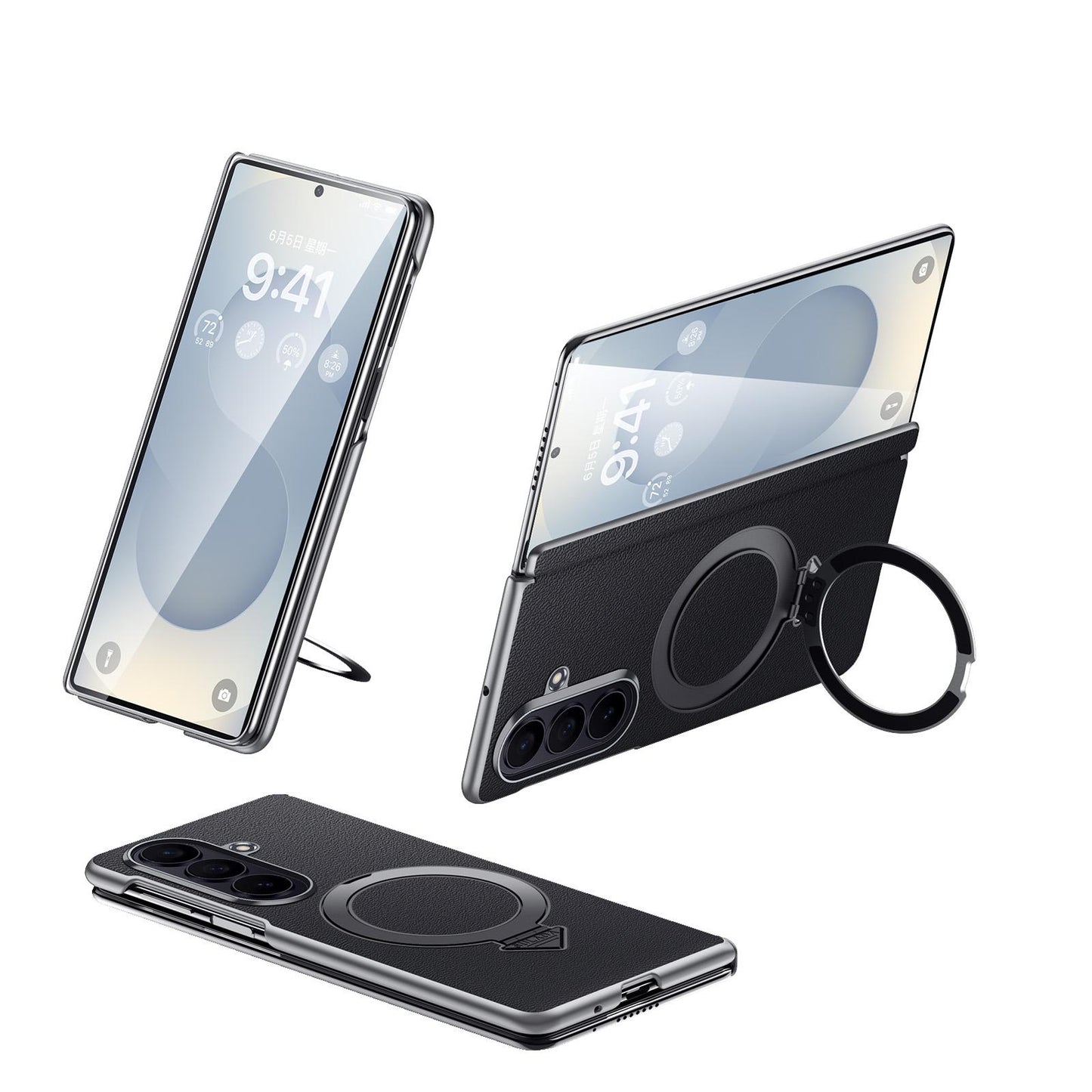 Samsung Z Fold8 Ultra SULADA Top Grain Leather Case Hinge Cover with Magsafe & Kickstand - Black (Only Back)