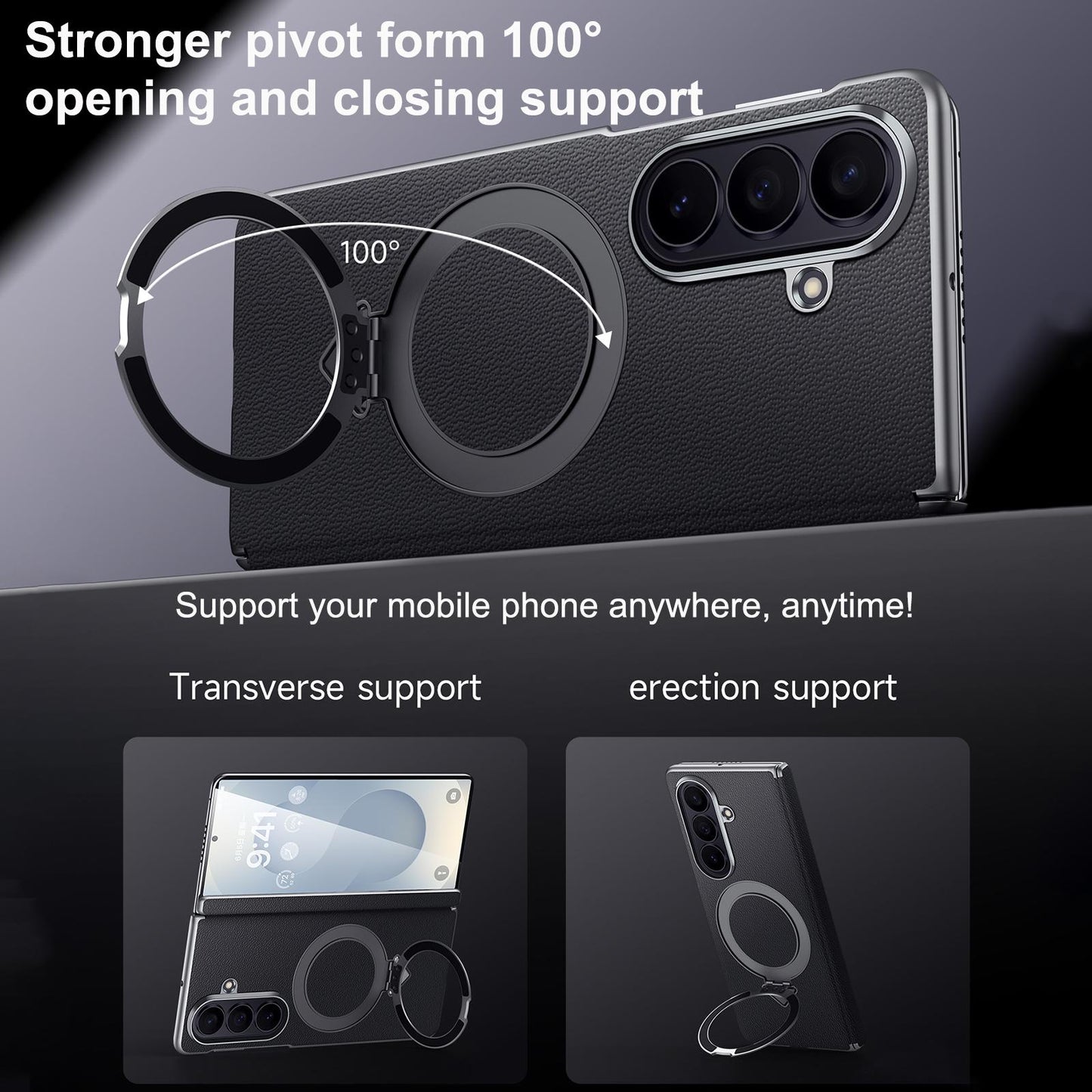 Samsung Fold8 SULADA Top Grain Leather Case Hinge Cover with Magsafe & Kickstand - Black (Only Back)