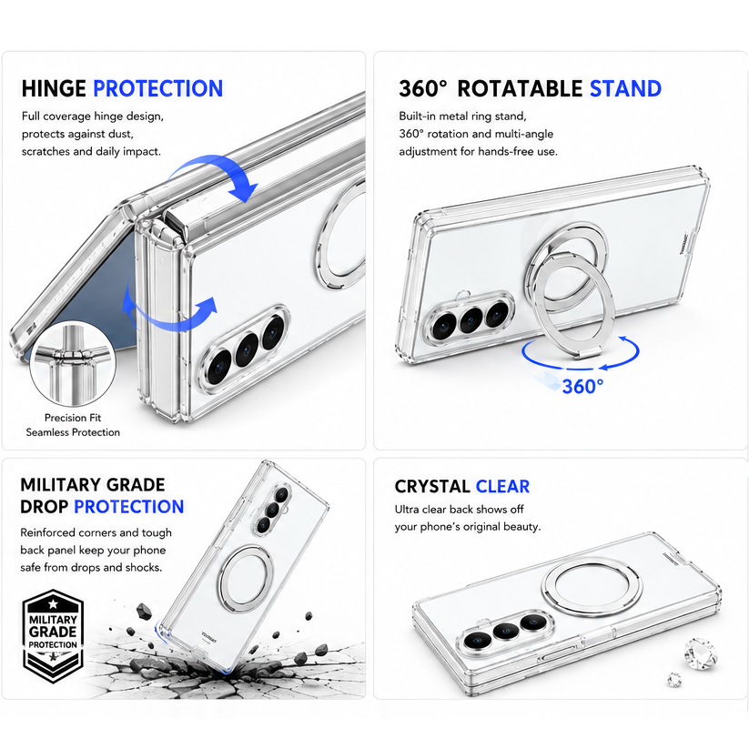Samsung Z Fold8 Ultra Youngkit Case, Crystal Clear Anti Yellowing Series with 360° Rotation Ring with Hinge Protection & Kickstand
