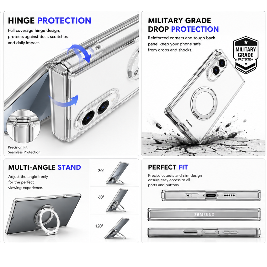 Samsung Z Fold8 Youngkit Case, Crystal Clear Anti Yellowing Series with 360° Rotation Ring with Hinge Protection & Kickstand (No Front)