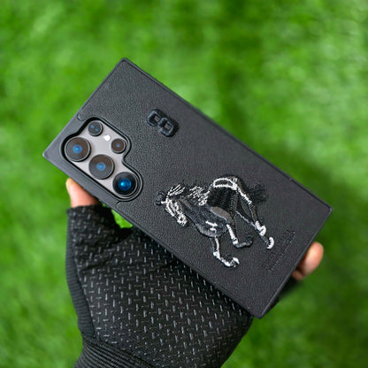 Samsung Galaxy S24 Ultra Leather Case, Santa Barbara Boris Series 3D Horse Embroidery Leather Case - Black/Grey