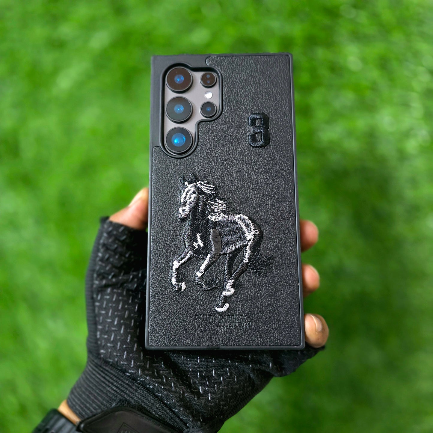 Samsung Galaxy S24 Ultra Leather Case, Santa Barbara Boris Series 3D Horse Embroidery Leather Case - Black/Grey