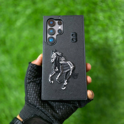 Samsung Galaxy S24 Ultra Leather Case, Santa Barbara Boris Series 3D Horse Embroidery Leather Case - Black/Grey