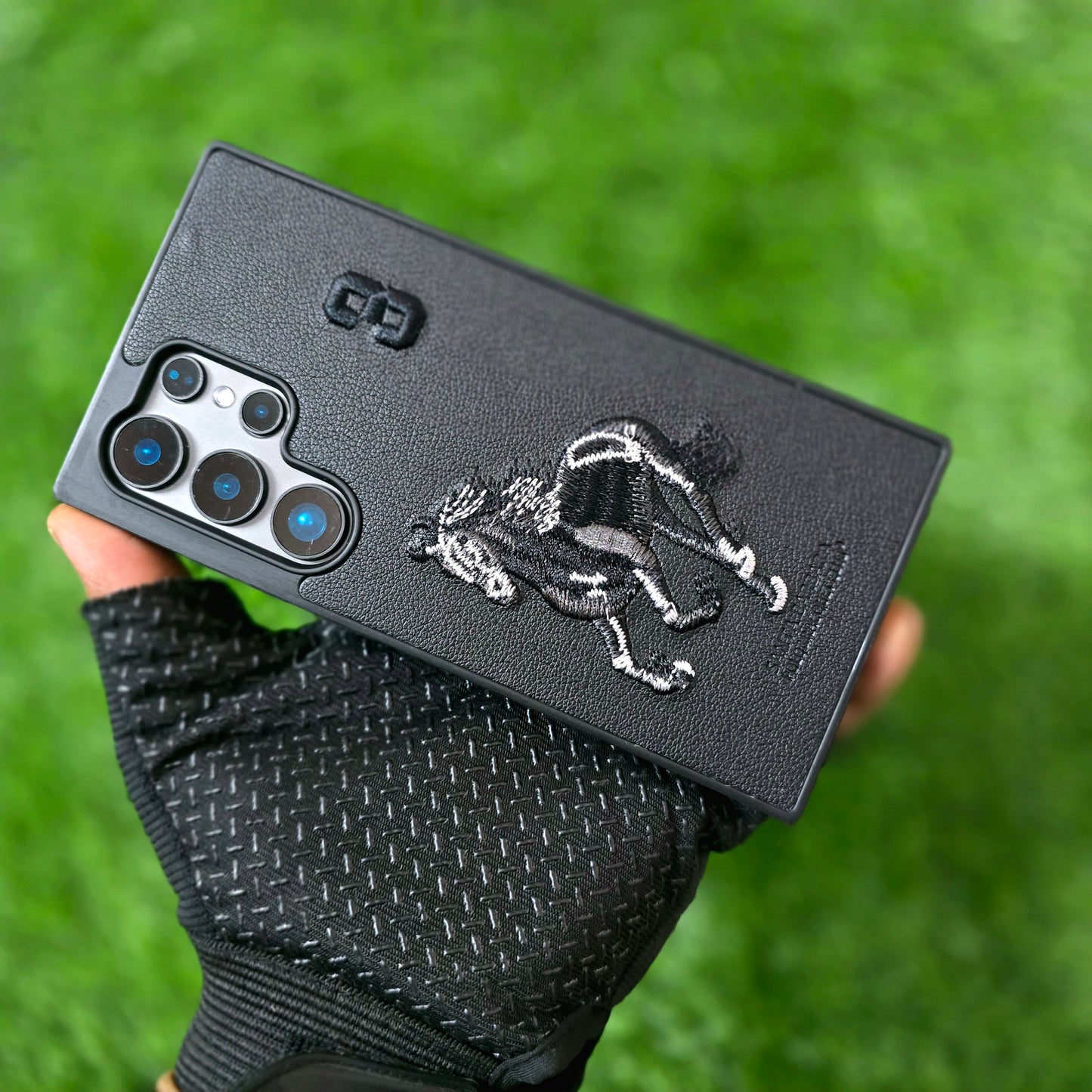 Samsung Galaxy S24 Ultra Leather Case, Santa Barbara Boris Series 3D Horse Embroidery Leather Case - Black/Grey
