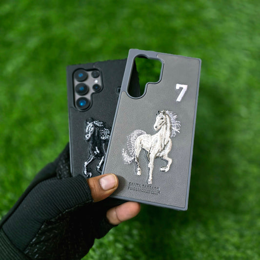 Samsung Galaxy S24 Ultra Leather Case, Santa Barbara Boris Series 3D Horse Embroidery Leather Case - Black/Grey