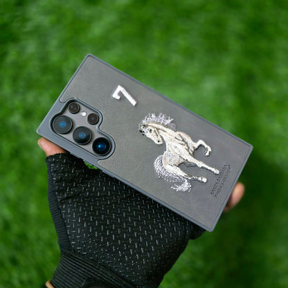 Samsung Galaxy S24 Ultra Leather Case, Santa Barbara Boris Series 3D Horse Embroidery Leather Case - Black/Grey