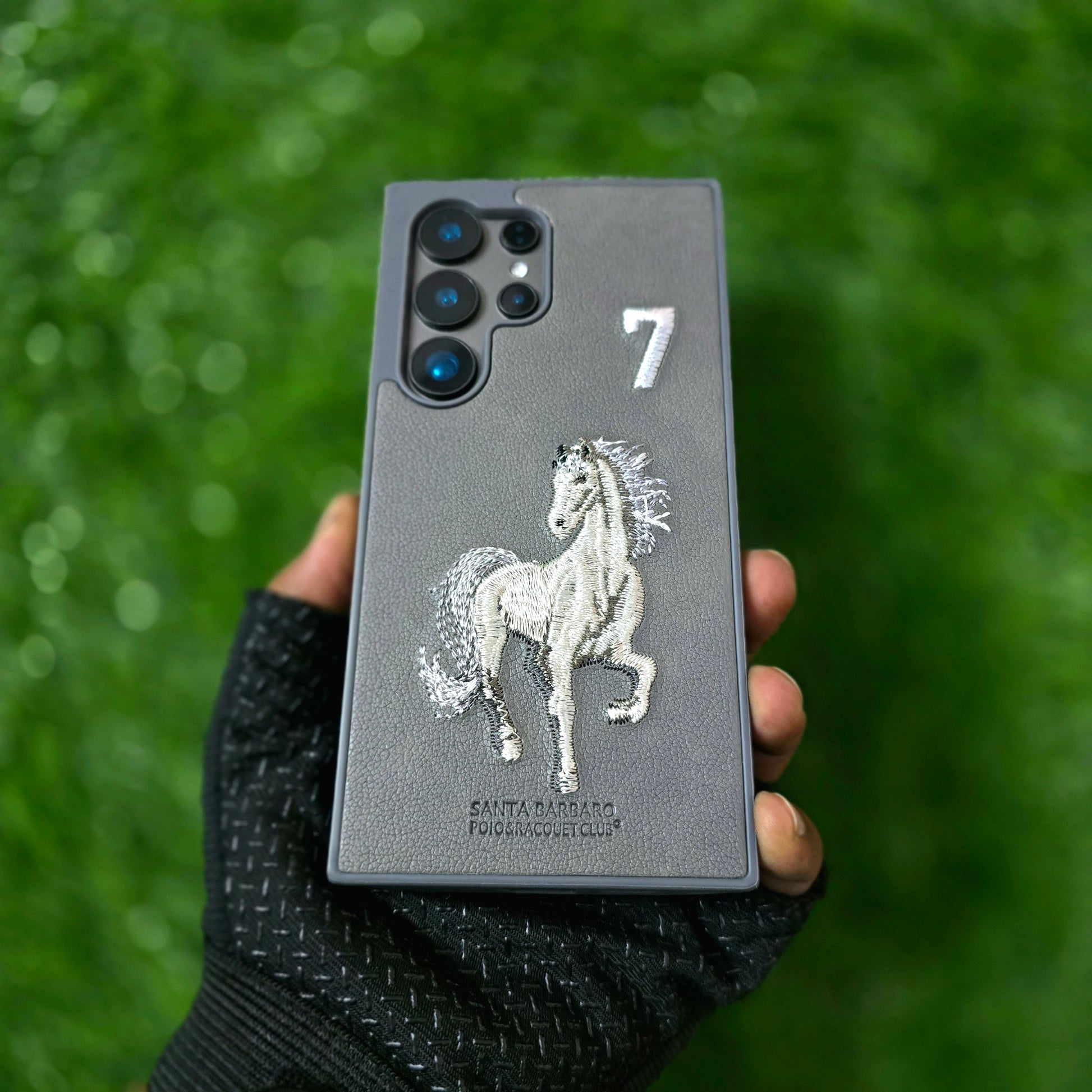 Samsung Galaxy S24 Ultra Leather Case, Santa Barbara Boris Series 3D Horse Embroidery Leather Case - Black/Grey