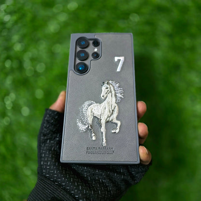 Samsung Galaxy S24 Ultra Leather Case, Santa Barbara Boris Series 3D Horse Embroidery Leather Case - Black/Grey