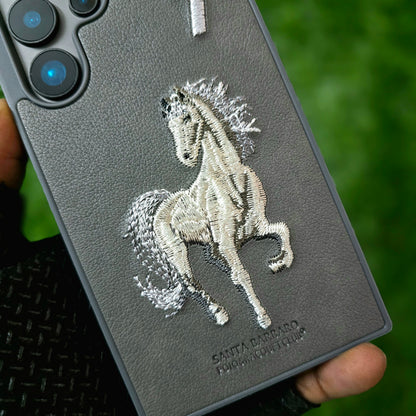Samsung Galaxy S24 Ultra Leather Case, Santa Barbara Boris Series 3D Horse Embroidery Leather Case - Black/Grey