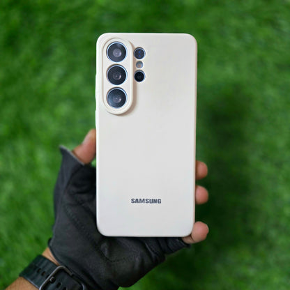 Samsung Galaxy S26 Ultra Silicon Case, Soft Silky Liquid Silicon Case With Logo - Sky Blue/Off White