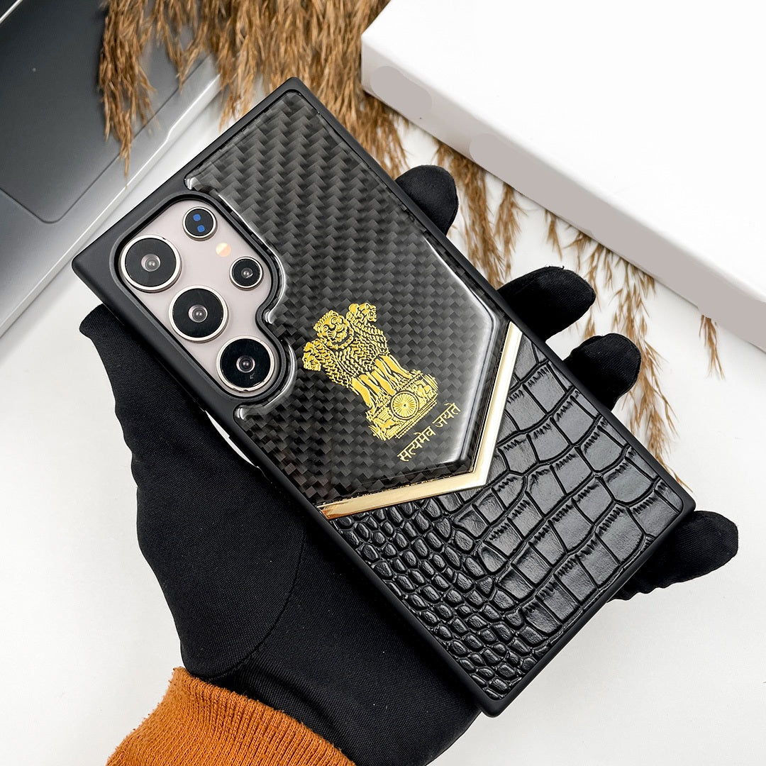 Samsung Galaxy S25 Ultra "Satyamev Jayate" Crock & Carbon Pattern Printed Logo Leather Case - Gold