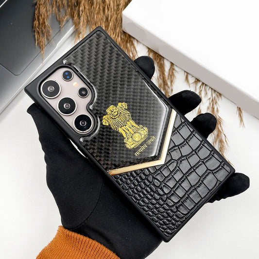 Samsung Galaxy S25 Ultra "Satyamev Jayate" Crock & Carbon Pattern Printed Logo Leather Case - Gold