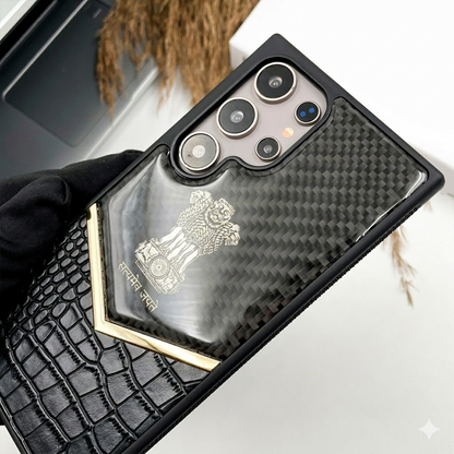 Samsung Galaxy S25 Ultra "Satyamev Jayate" Crock & Carbon Pattern Printed Logo Leather Case - Silver