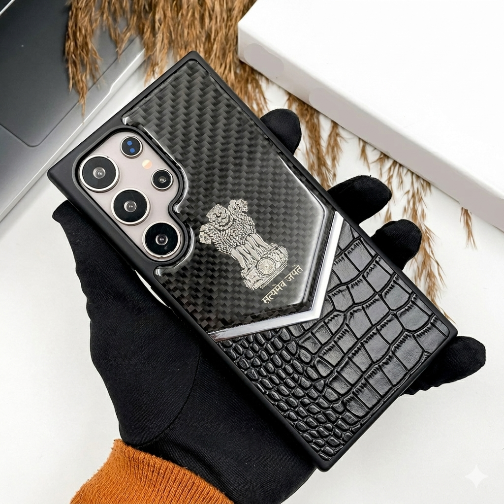 Samsung Galaxy S25 Ultra "Satyamev Jayate" Crock & Carbon Pattern Printed Logo Leather Case - Silver