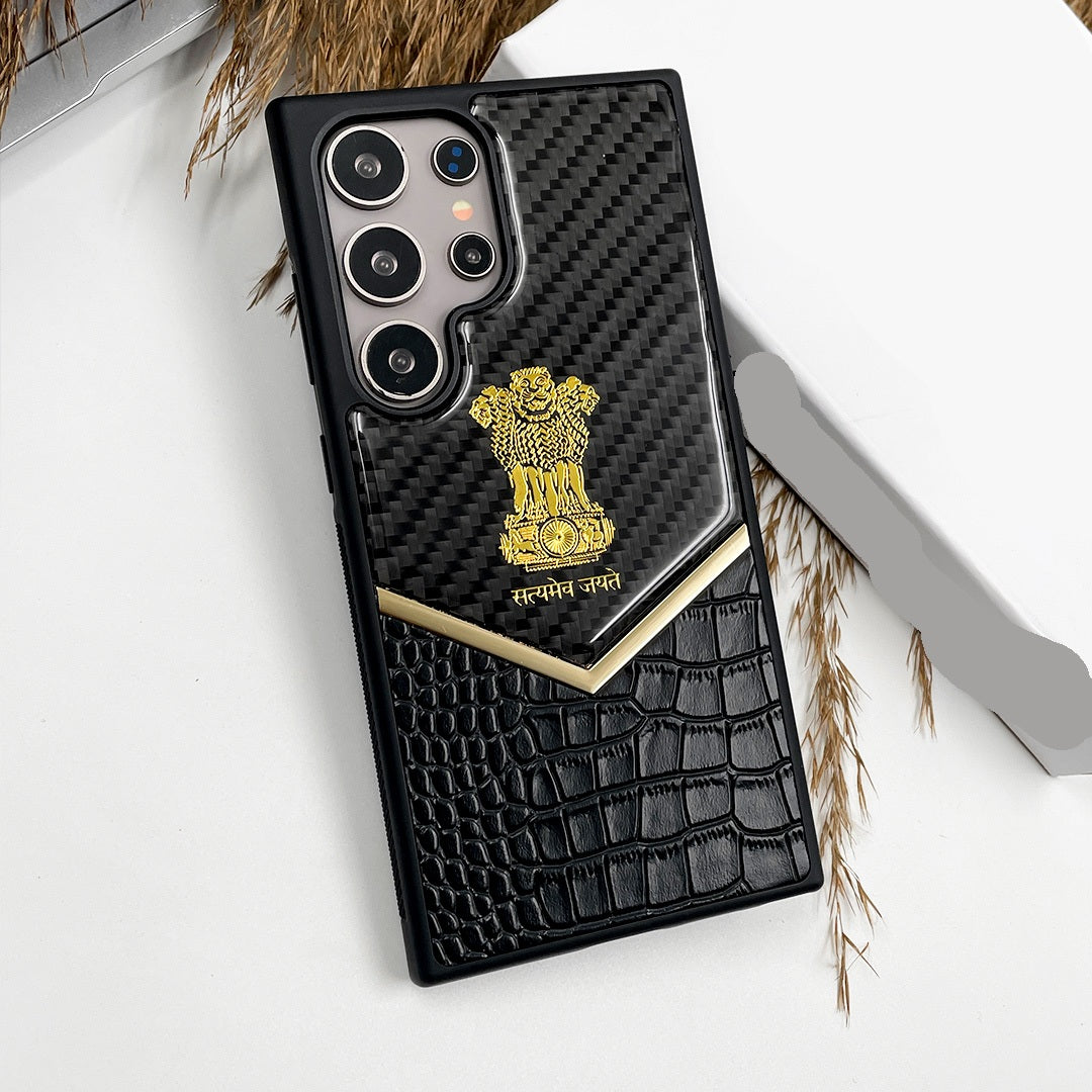 Samsung Galaxy S25 Ultra "Satyamev Jayate" Crock & Carbon Pattern Printed Logo Leather Case - Gold