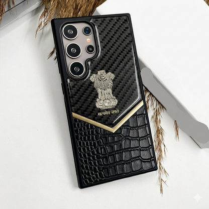 Samsung Galaxy S25 Ultra "Satyamev Jayate" Crock & Carbon Pattern Printed Logo Leather Case - Silver