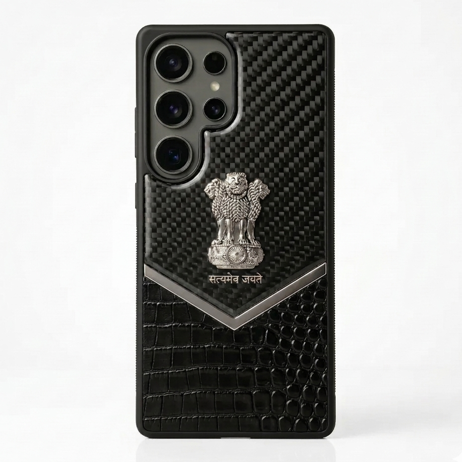 Samsung Galaxy S25 Ultra "Satyamev Jayate" Crock & Carbon Pattern Printed Logo Leather Case - Silver