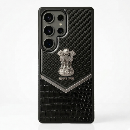 Samsung Galaxy S25 Ultra "Satyamev Jayate" Crock & Carbon Pattern Printed Logo Leather Case - Silver