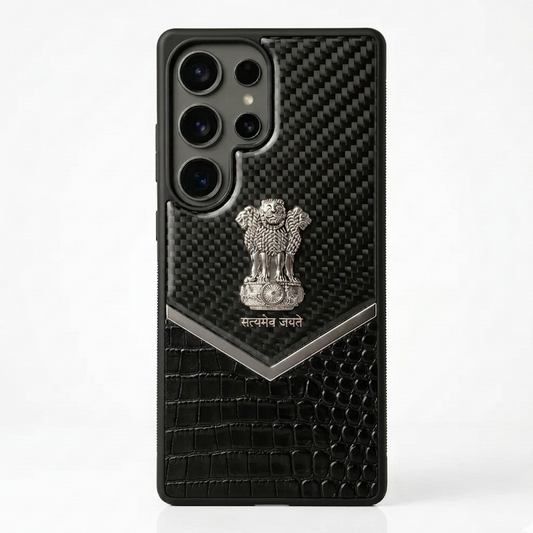 Samsung Galaxy S25 Ultra "Satyamev Jayate" Crock & Carbon Pattern Printed Logo Leather Case - Silver