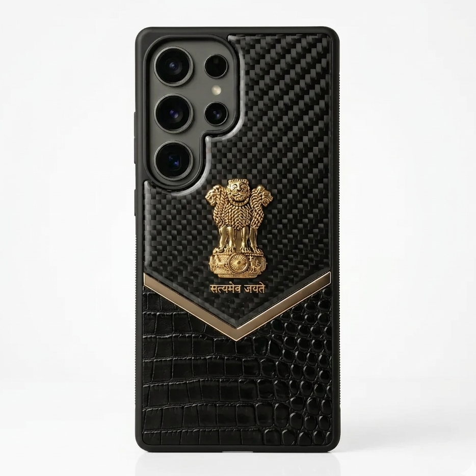 Samsung Galaxy S25 Ultra "Satyamev Jayate" Crock & Carbon Pattern Printed Logo Leather Case - Gold