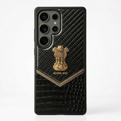 Samsung Galaxy S25 Ultra "Satyamev Jayate" Crock & Carbon Pattern Printed Logo Leather Case - Gold