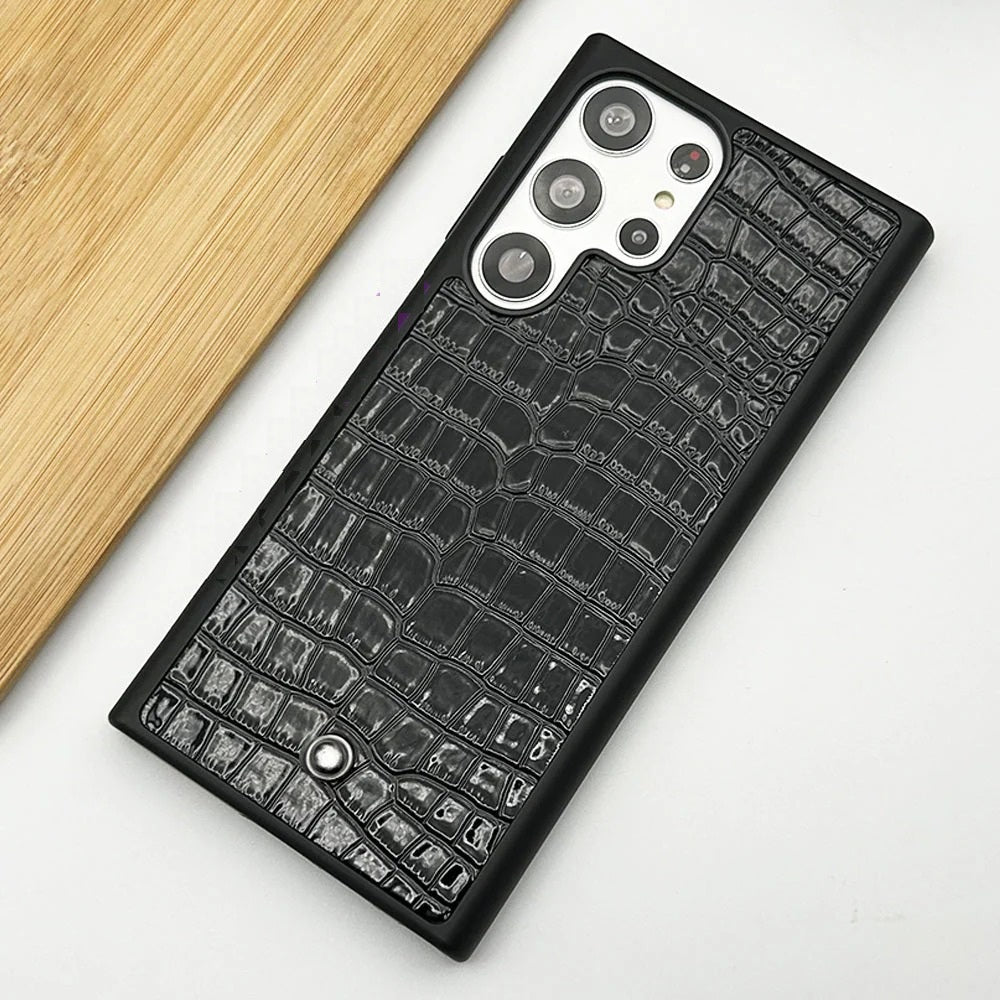Samsung Galaxy S26 Ultra Leather Case, Luxury CROC Pattern MB Logo Premium Leather - Black