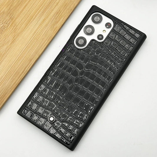 Samsung Galaxy S26 Ultra Leather Case, Luxury CROC Pattern MB Logo Premium Leather - Black