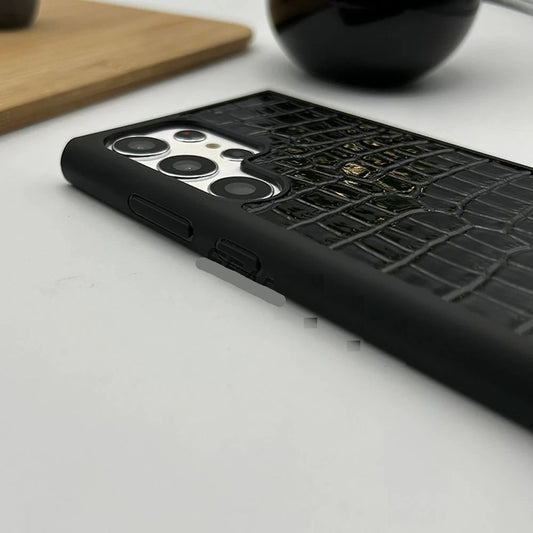 Samsung Galaxy S26 Ultra Leather Case, Luxury CROC Pattern MB Logo Premium Leather - Black