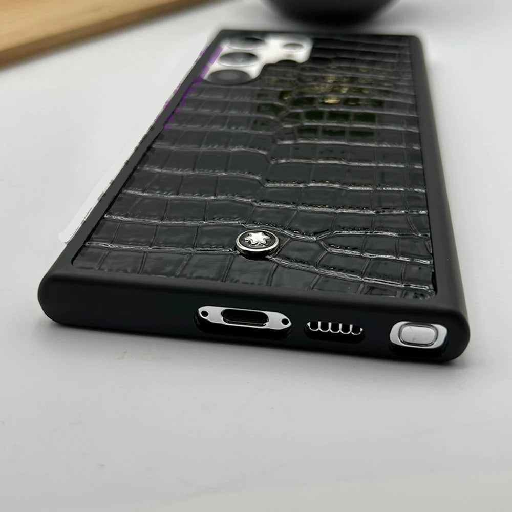 Samsung Galaxy S26 Ultra Leather Case, Luxury CROC Pattern MB Logo Premium Leather - Black