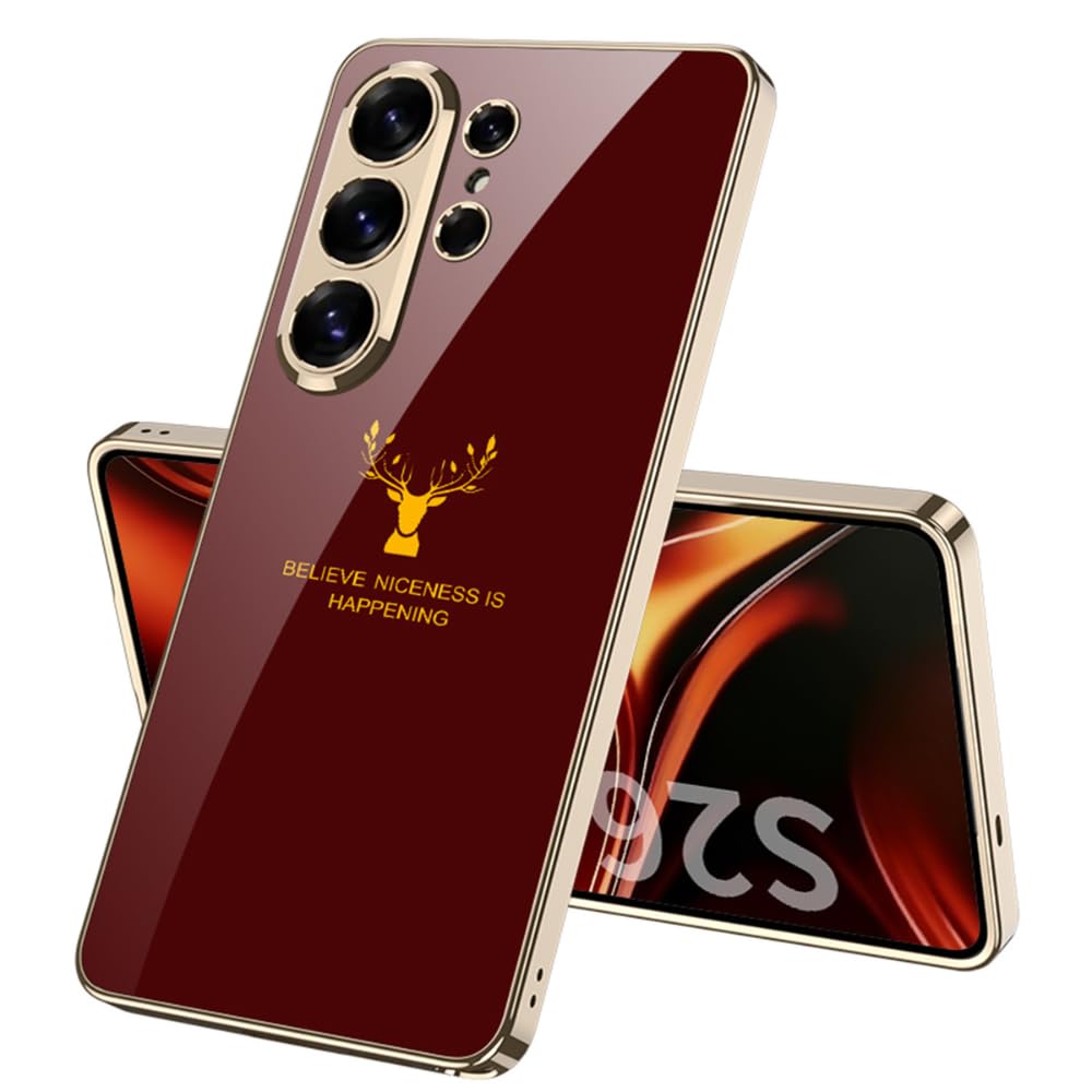 Samsung Galaxy S26 Ultra Deer Glass Case, 9H Hardness Electroplating Glass Premium Glass Case - Wine