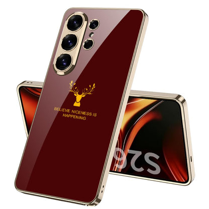 Samsung Galaxy S26 Ultra Deer Glass Case, 9H Hardness Electroplating Glass Premium Glass Case - Wine