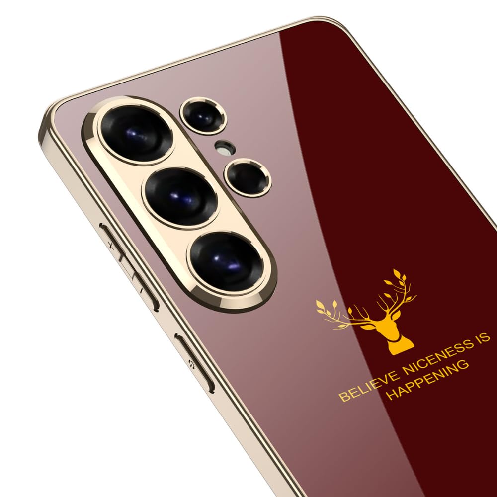 Samsung Galaxy S26 Ultra Deer Glass Case, 9H Hardness Electroplating Glass Premium Glass Case - Wine