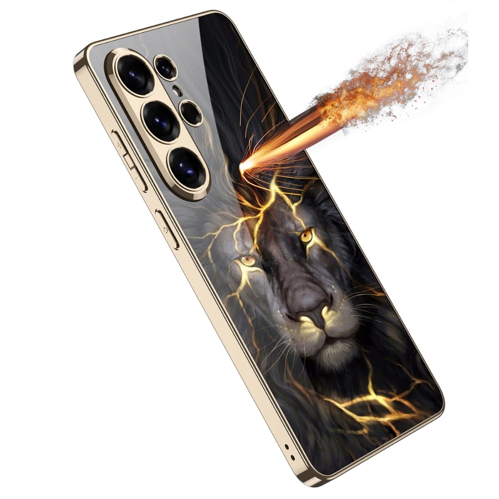 Samsung Galaxy S26 Ultra Lion Glass Case, 9H Hardness Electroplating Glass Premium Glass Case