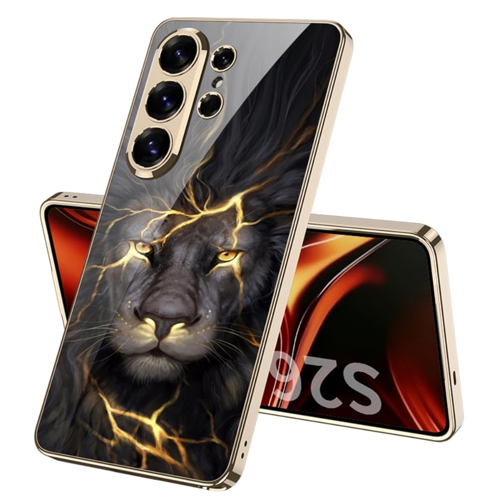 Samsung Galaxy S26 Ultra Lion Glass Case, 9H Hardness Electroplating Glass Premium Glass Case