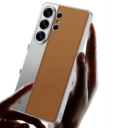 Samsung Galaxy S26 Ultra Leather Cover, Electroplated PU Leather + PC + TPU Matte Case 
