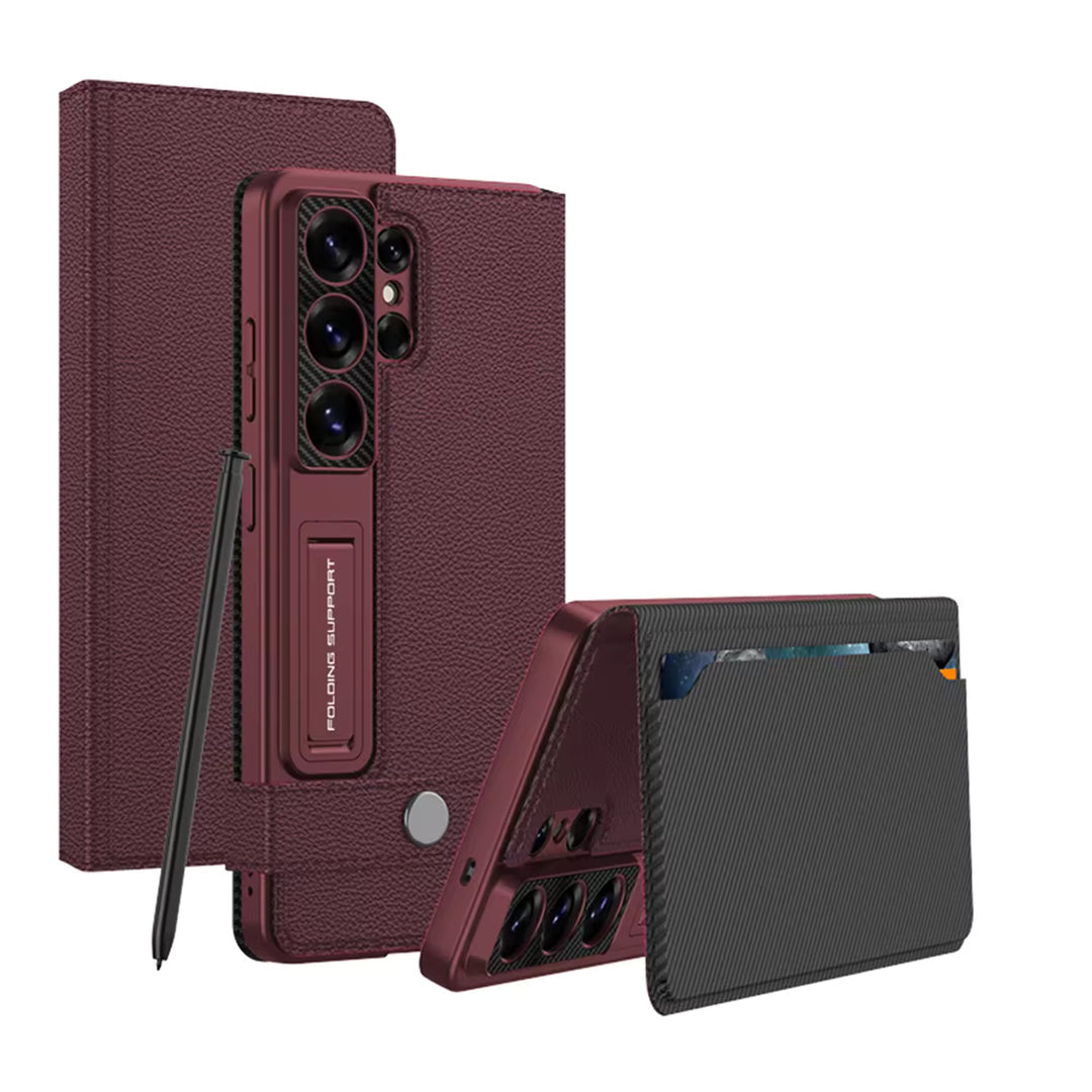 Samsung Galaxy S26 Ultra Leather Flip Cover, Wallet Case with Kickstand, Magnetic Flip Case with Card Slot - Wine