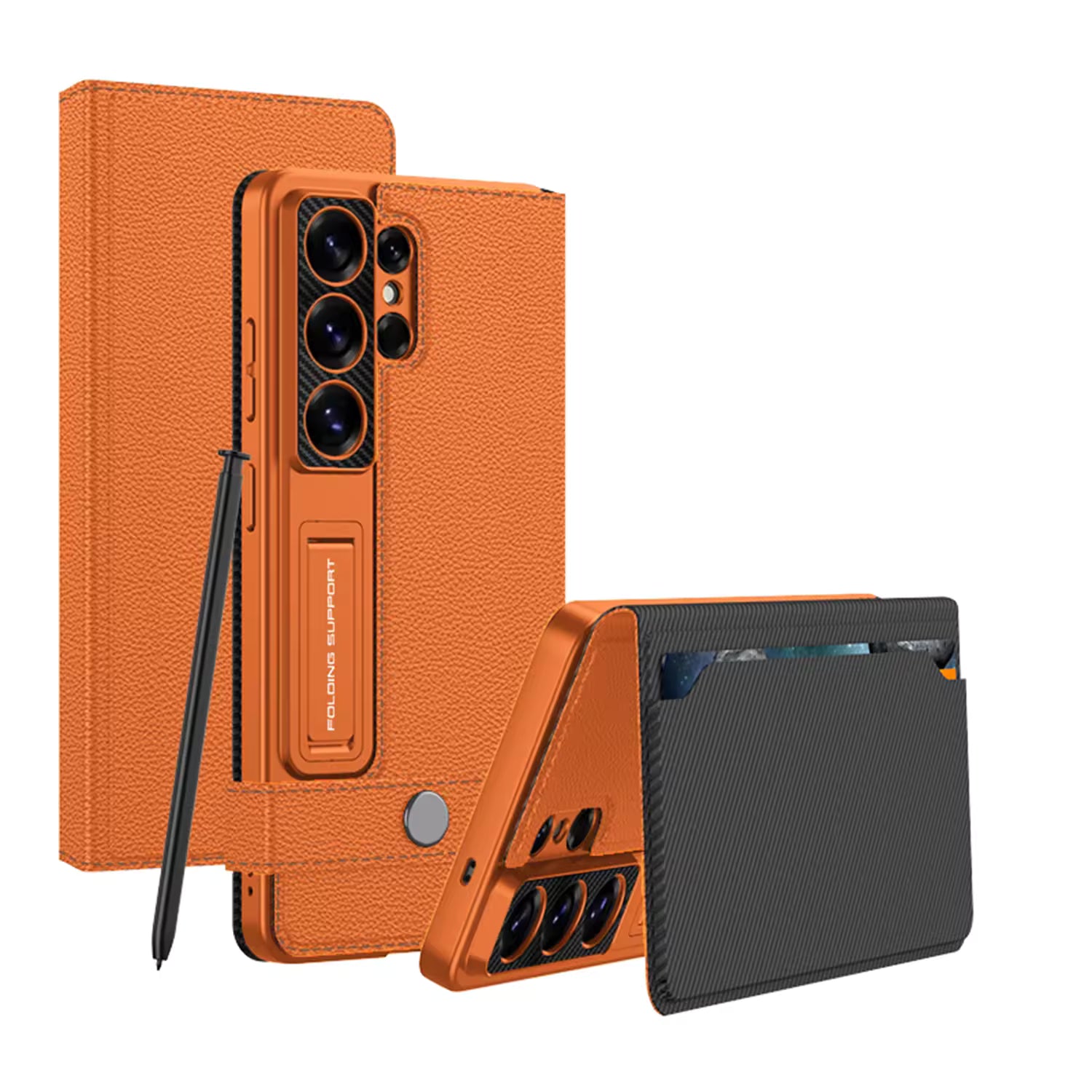 Samsung Galaxy S26 Ultra Leather Flip Cover, Wallet Case with Kickstand, Magnetic Flip Case with Card Slot - Orange