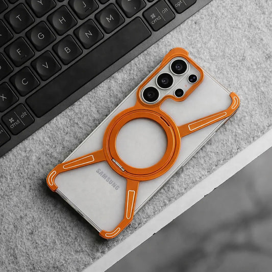 Samsung Galaxy S26 Ultra Metal Bumper Cover, X Shape 360° Rotation Stand Metal Frameless Cover with Magsafe - Orange