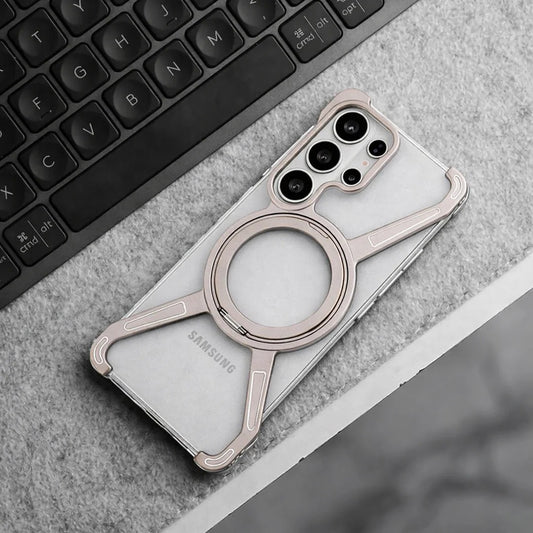 Samsung Galaxy S26 Ultra Metal Bumper Cover, X Shape 360° Rotation Stand Metal Frameless Cover with Magsafe - Titanium