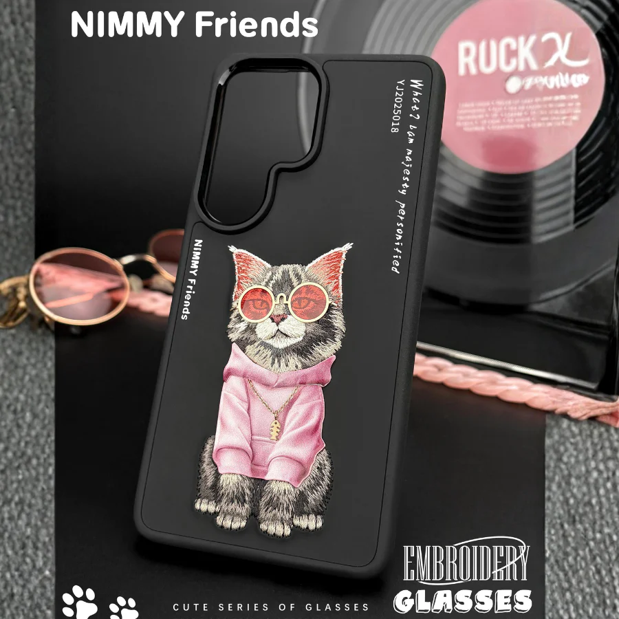 Samsung Galaxy S26 Ultra Nimmy Case, Cute Cat 3D Embroidery Cute Cat Silicon Case - Black