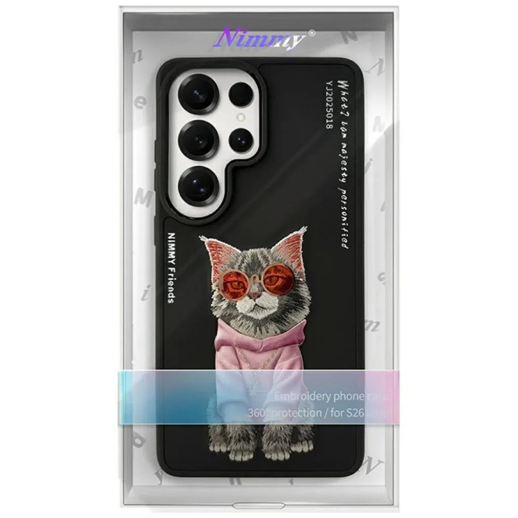 Samsung Galaxy S26 Ultra Nimmy Case, Cute Cat 3D Embroidery Cute Cat Silicon Case - Black