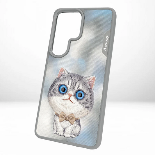 Samsung Galaxy S26 Ultra Nimmy Case, Cute Cat 3D Embroidery Cute Cat with Big Eyes Leather Case - Grey
