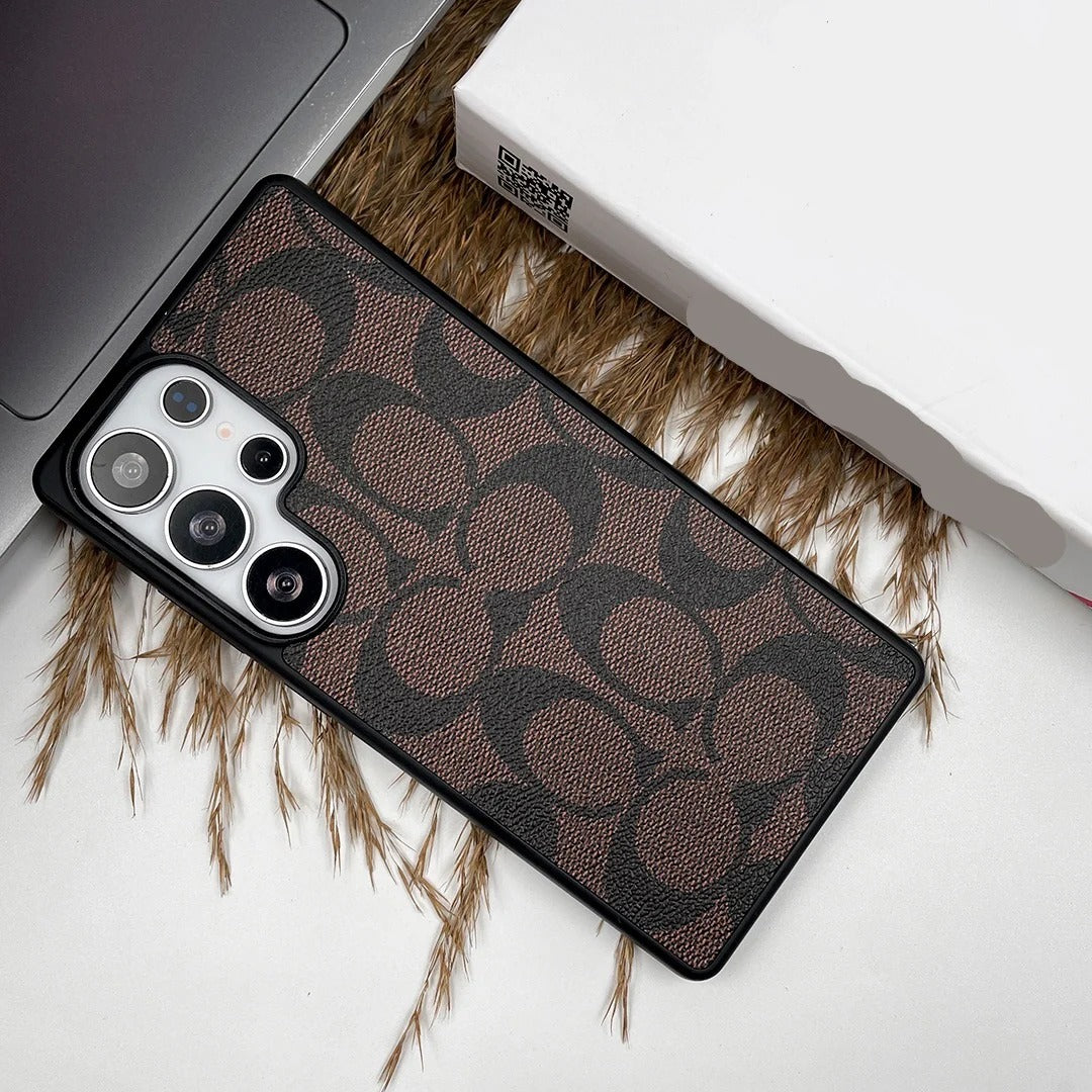 Samsung Galaxy S26 Ultra CC Leather Case, Luxurious Monogram Pattern Leather Case - Brown