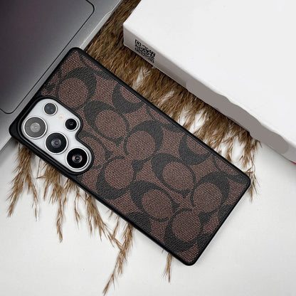 Samsung Galaxy S26 Ultra CC Leather Case, Luxurious Monogram Pattern Leather Case - Brown